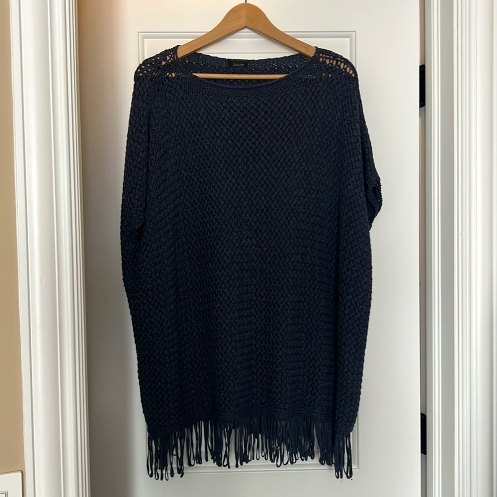 Massimo Dutti Blue Pullover Woven Italian Yarn Short Sleeve Tassled Poncho M